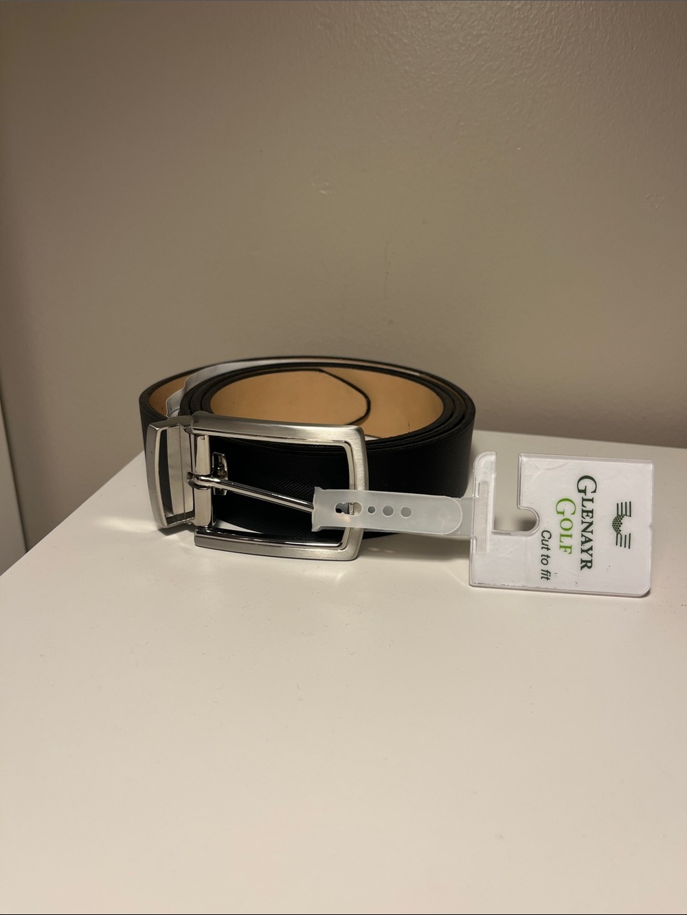 Glenayr Golf Black Leather Men’s Belt with Silver-Tone Rectangular Buckle